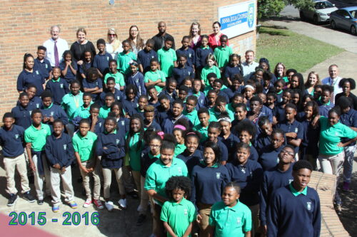 Aerial shot of all AJC students and staff outside the school, 2015